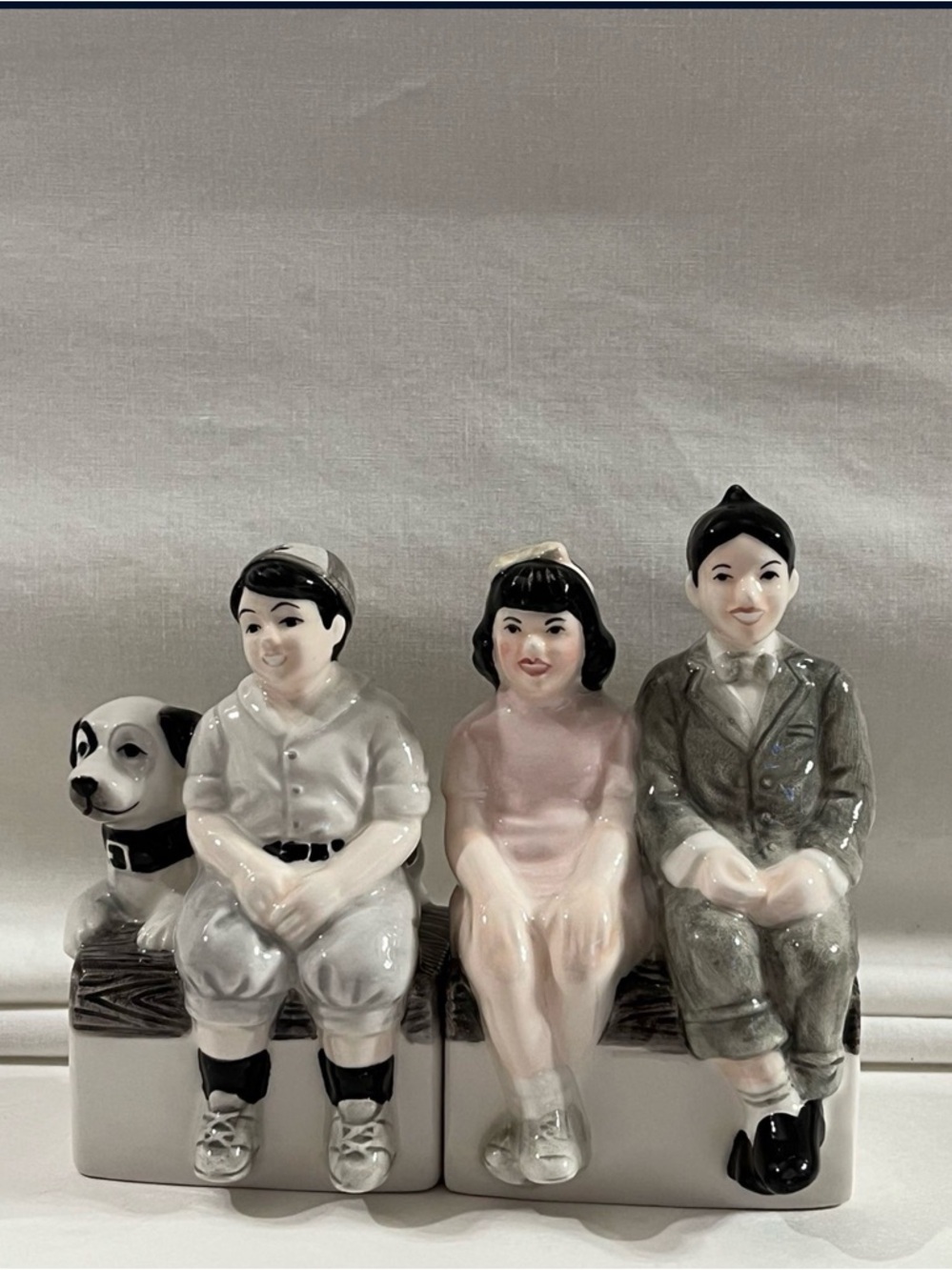 Porcelain Sitting Children and Dog Figurine - Pink, White, Gray